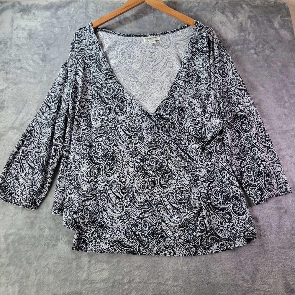 Coldwater Creek Womens Paisley Wrap Top 1X Black White Boho Artsy‎ Plus Size